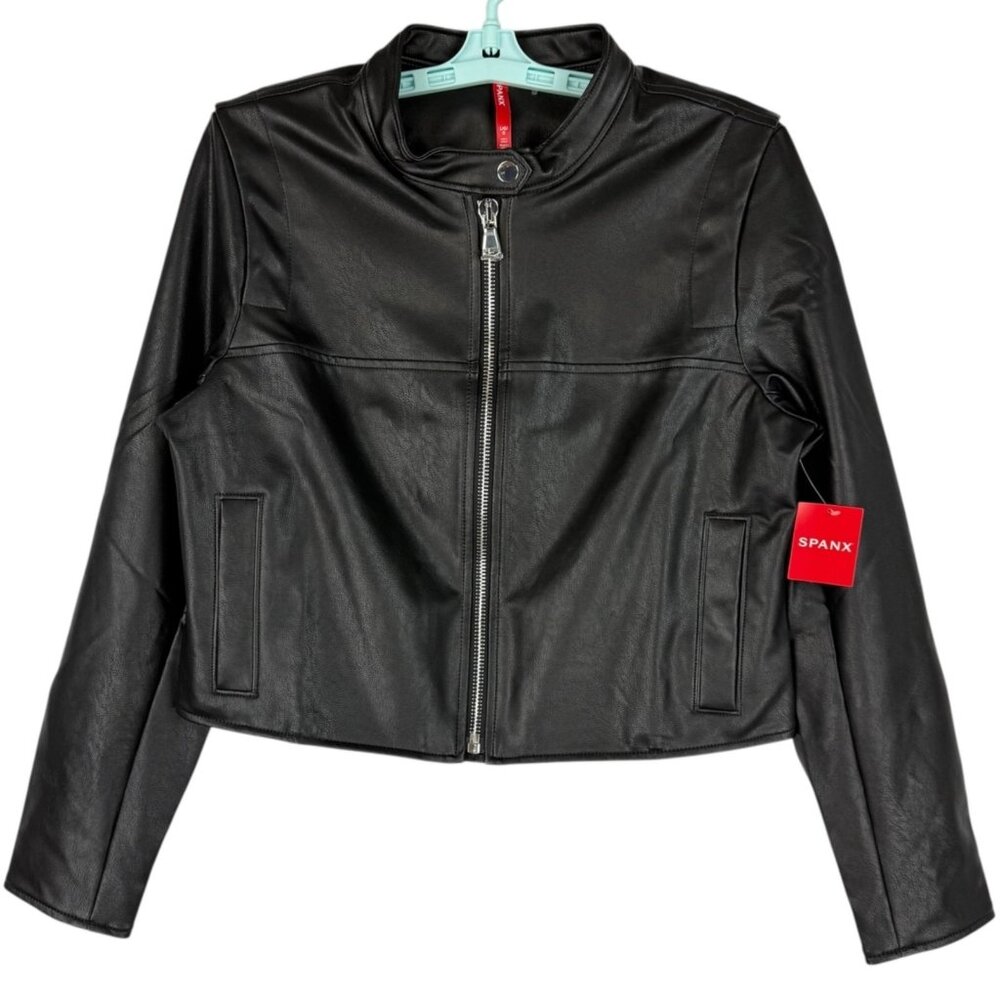 NWT Spanx II Faux‎ Leather Stretch Luxe Black Moto Jacket Women's Size Large